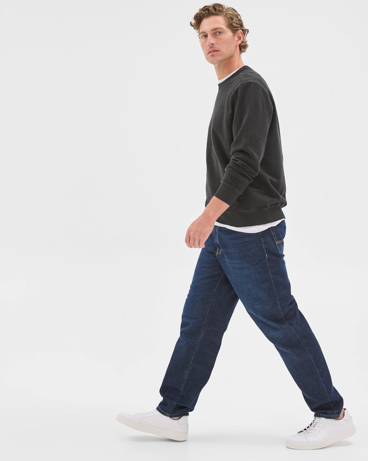 Australian Cotton Herringbone Long Sleeve Crew Neck Fleece Top - Black 3 of 6