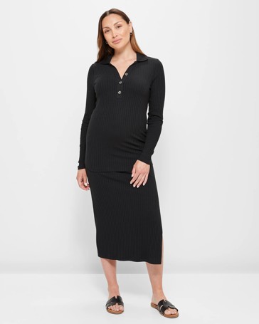 Boohoo Maternity Shirred Long Sleeve Midi Dress in Blue