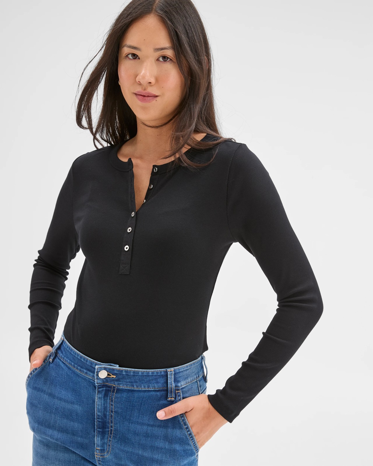 Australian Cotton Long Sleeve Rib Henley T-Shirt - Black 4 of 5