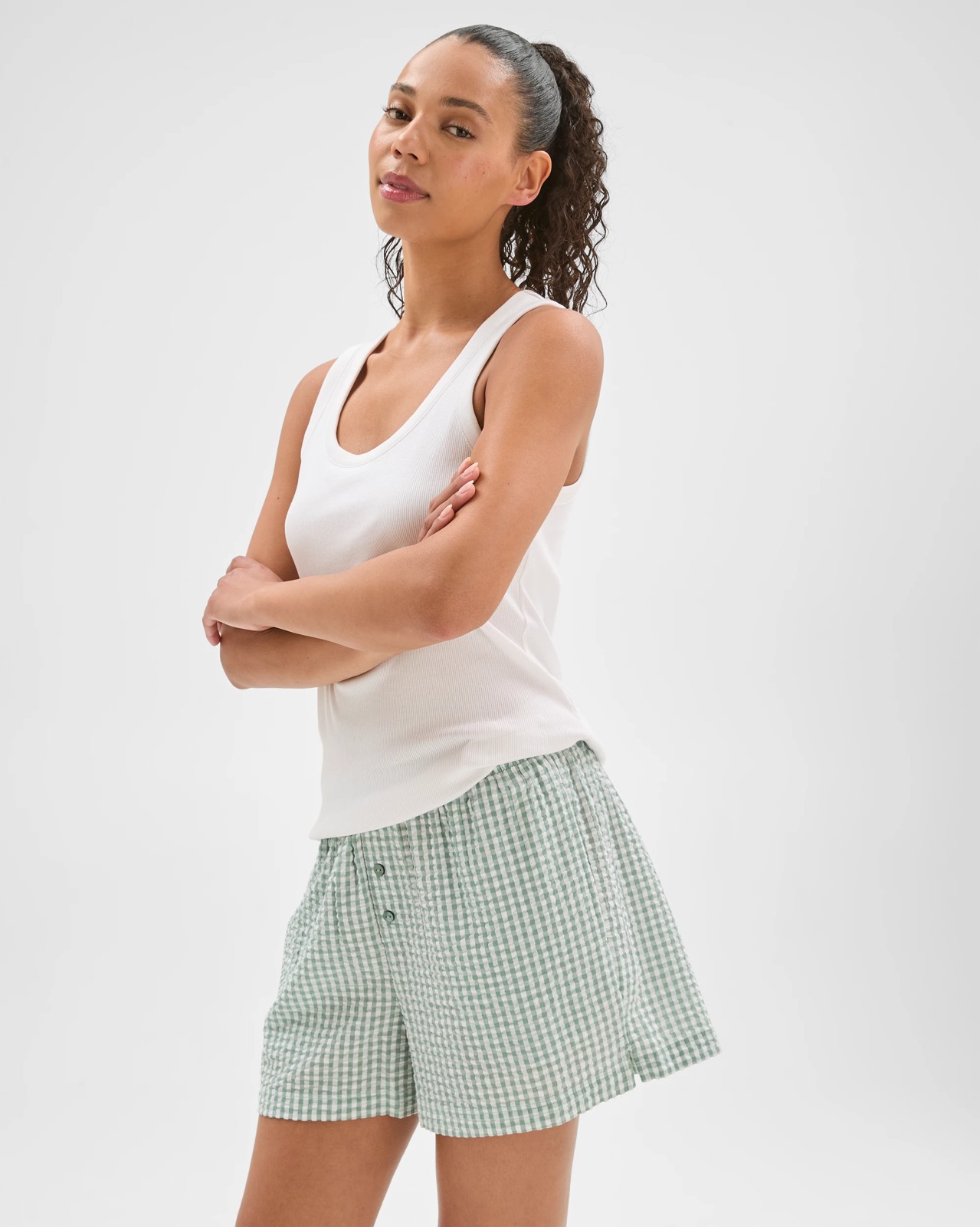 Cotton Seersucker Sleep Boxer Shorts - Green Gingham 5 of 5