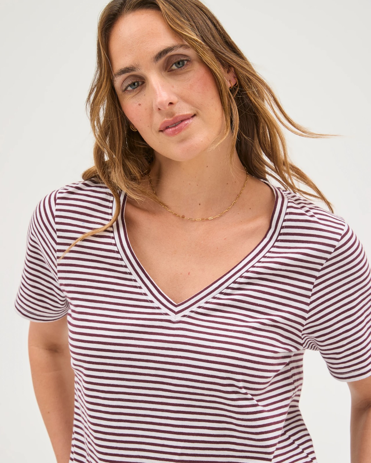 Australian Cotton Slub Relaxed V-Neck T-Shirt - Merlot/White Stripe 3 of 5