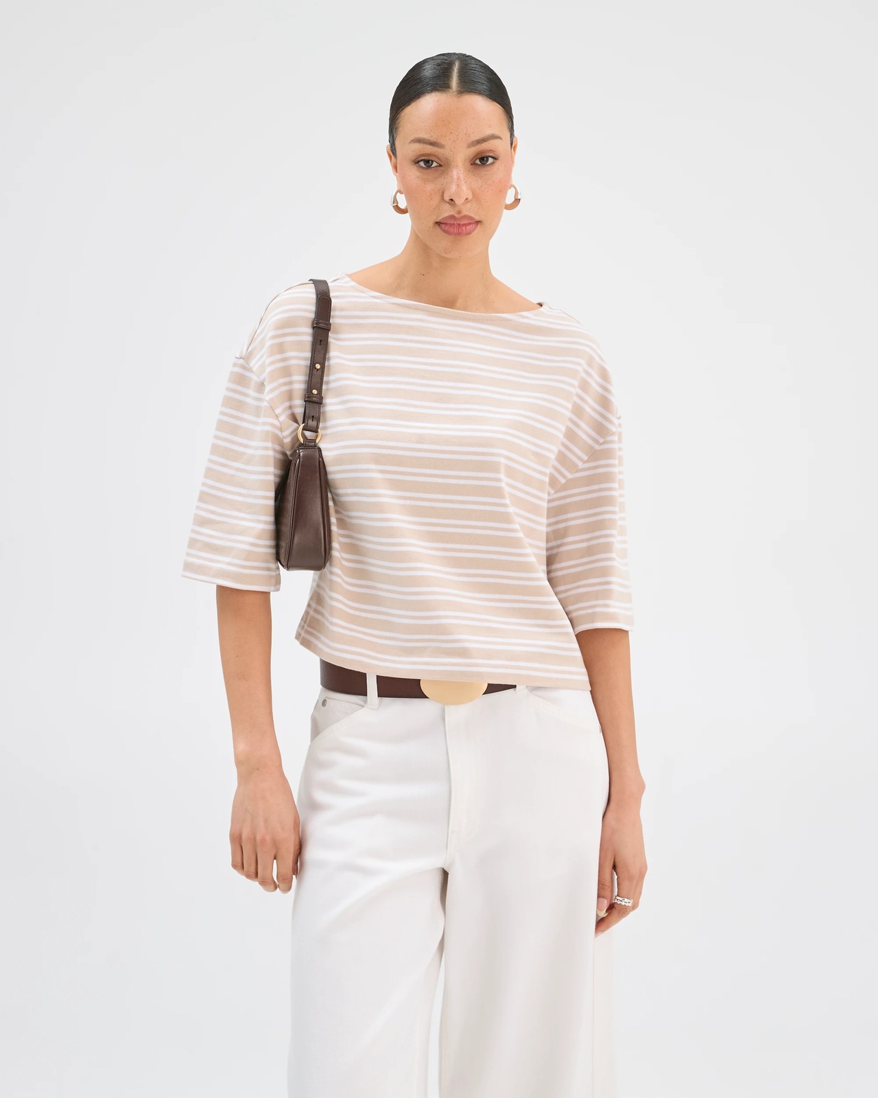Australian Cotton Boat Neck Boxy T-Shirt - Neutral/White Stripe 2 of 5