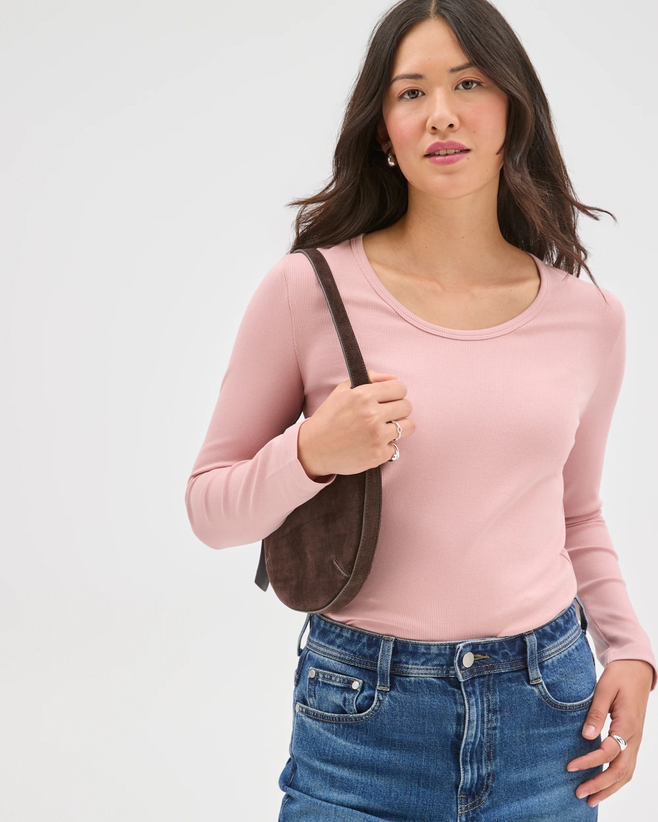 Australian Cotton Long Sleeve Scoop Neck Rib T-Shirt - Soft Blush 3 of 5