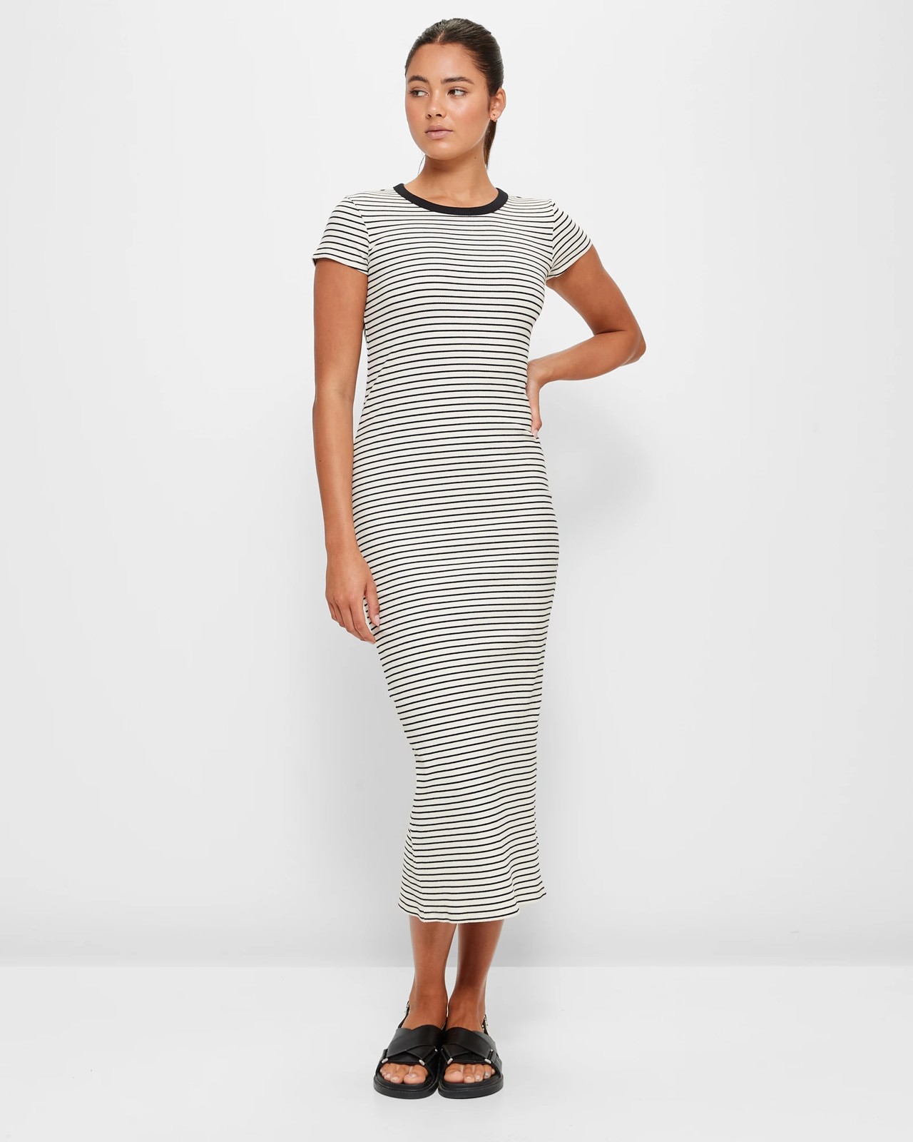 Australian Cotton Ribbed Maxi Dress - Lily Loves - Cream/Black Stripe