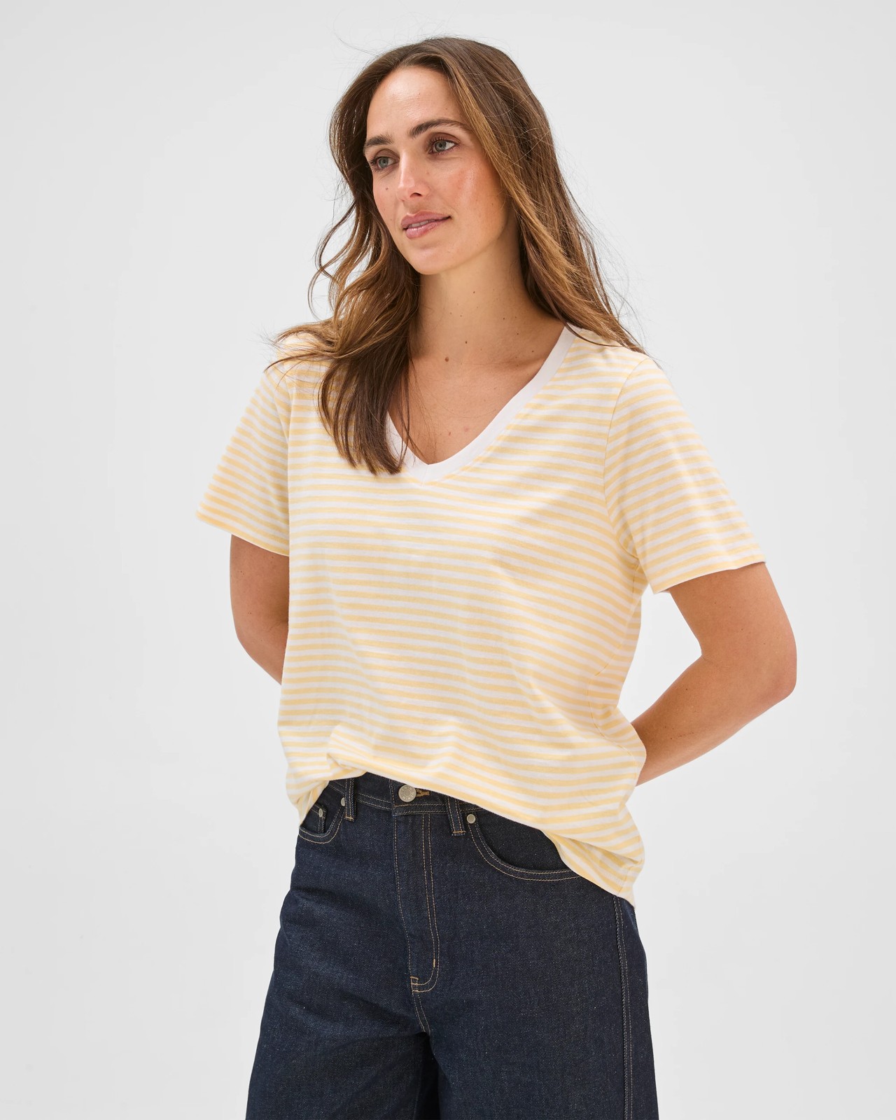Australian Cotton Slub Relaxed V-Neck T-Shirt - Butter Lemon/White Stripe 4 of 6