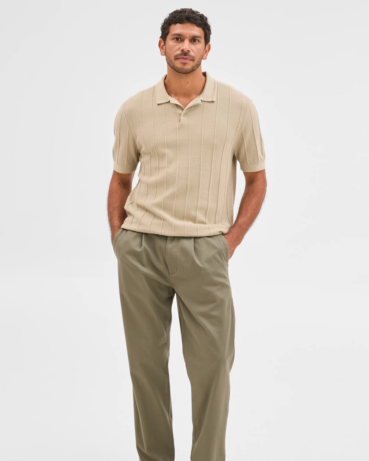 Australian Cotton Pleated Textured Chino Pants - Army 4 of 5