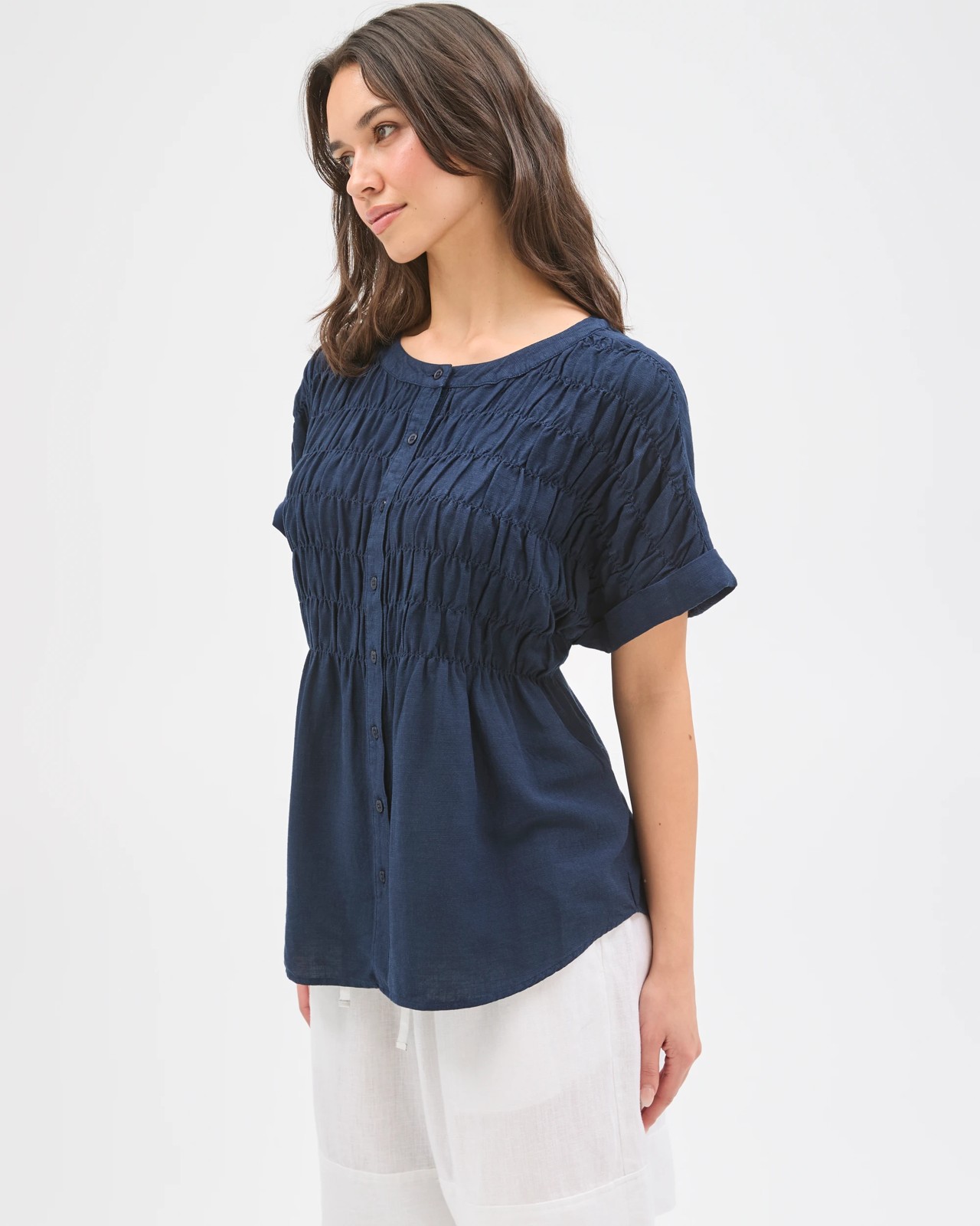 Short Sleeve Shirred Button Through Top - Navy Blue 4 of 5