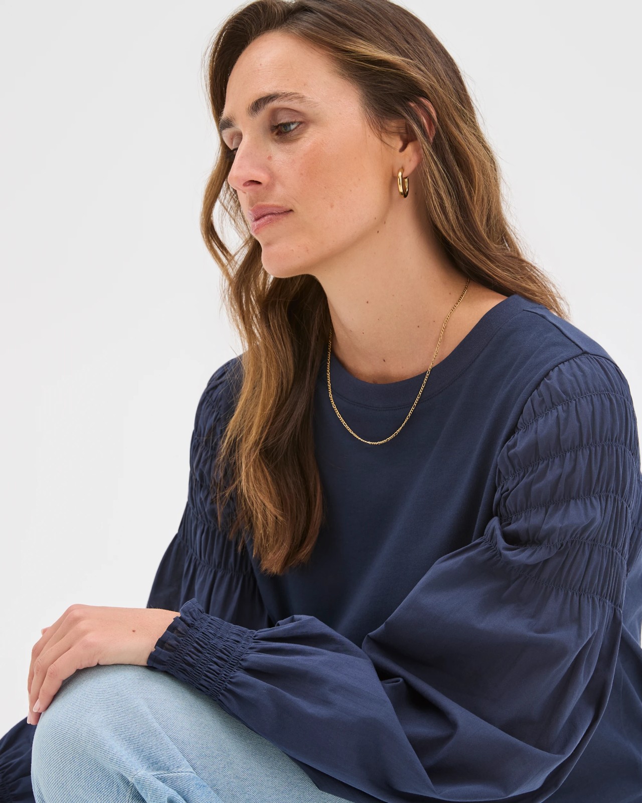Australian Cotton Long Sleeve Shirred Sleeve Top - Ink Navy 4 of 6
