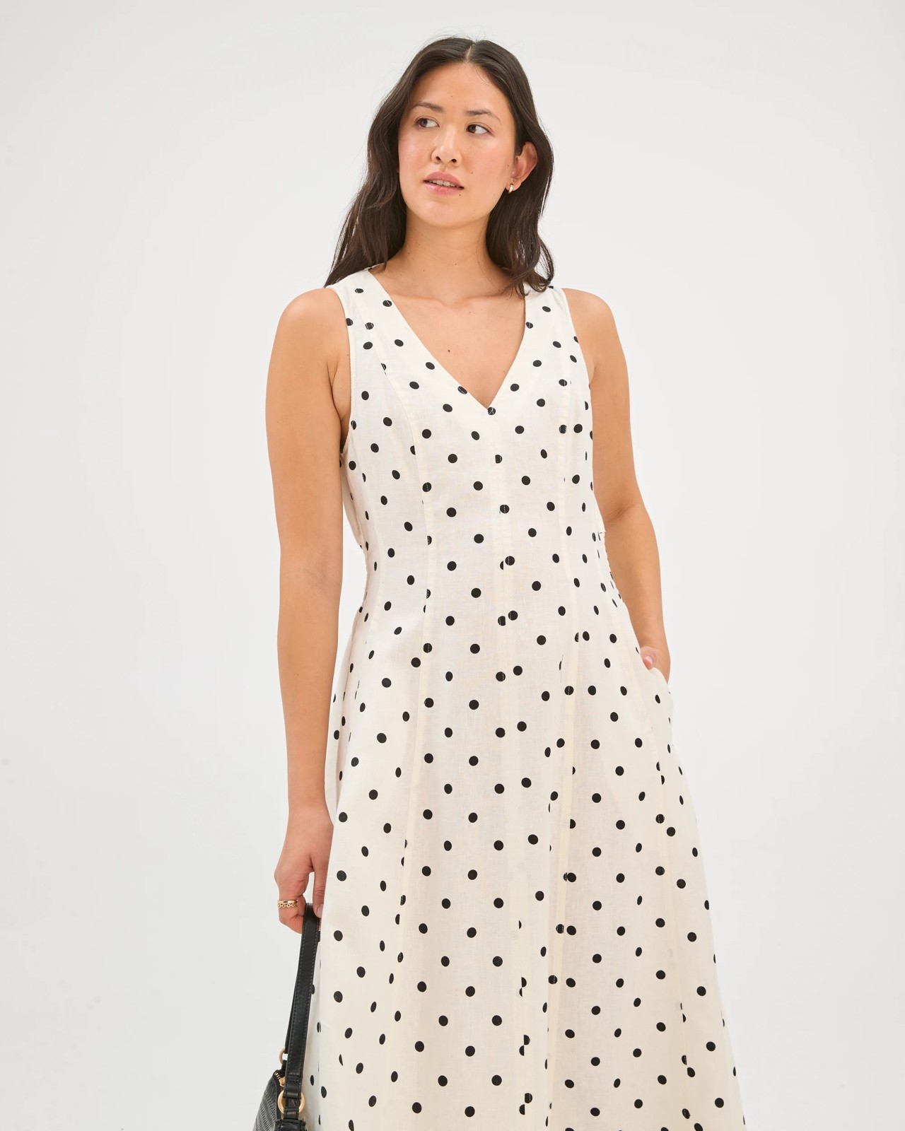 European Linen Sleeveless Seamed Midi Dress - Spot Print 4 of 5