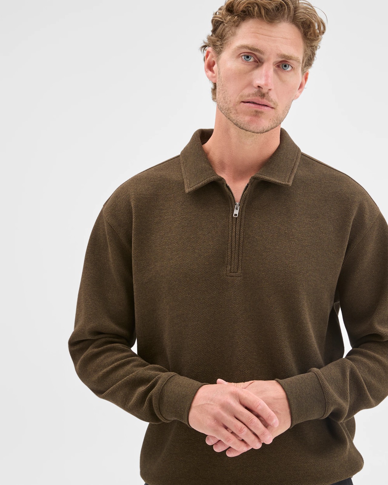 Australian Cotton Blend Fleece 1/4 Zip Collared Top - Dark Olive 5 of 5