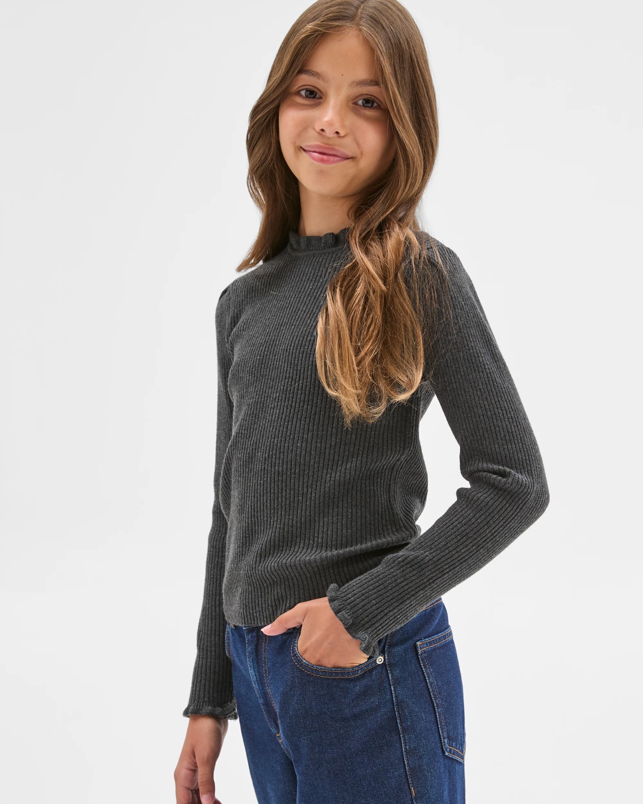Long Sleeve Rib Knit Top - Charcoal 3 of 5