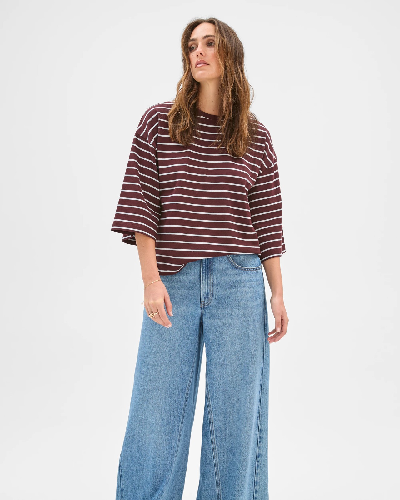 Australian Cotton 3/4 Length Wide Sleeve Boxy T-Shirt - Burgundy/Blue 4 of 5