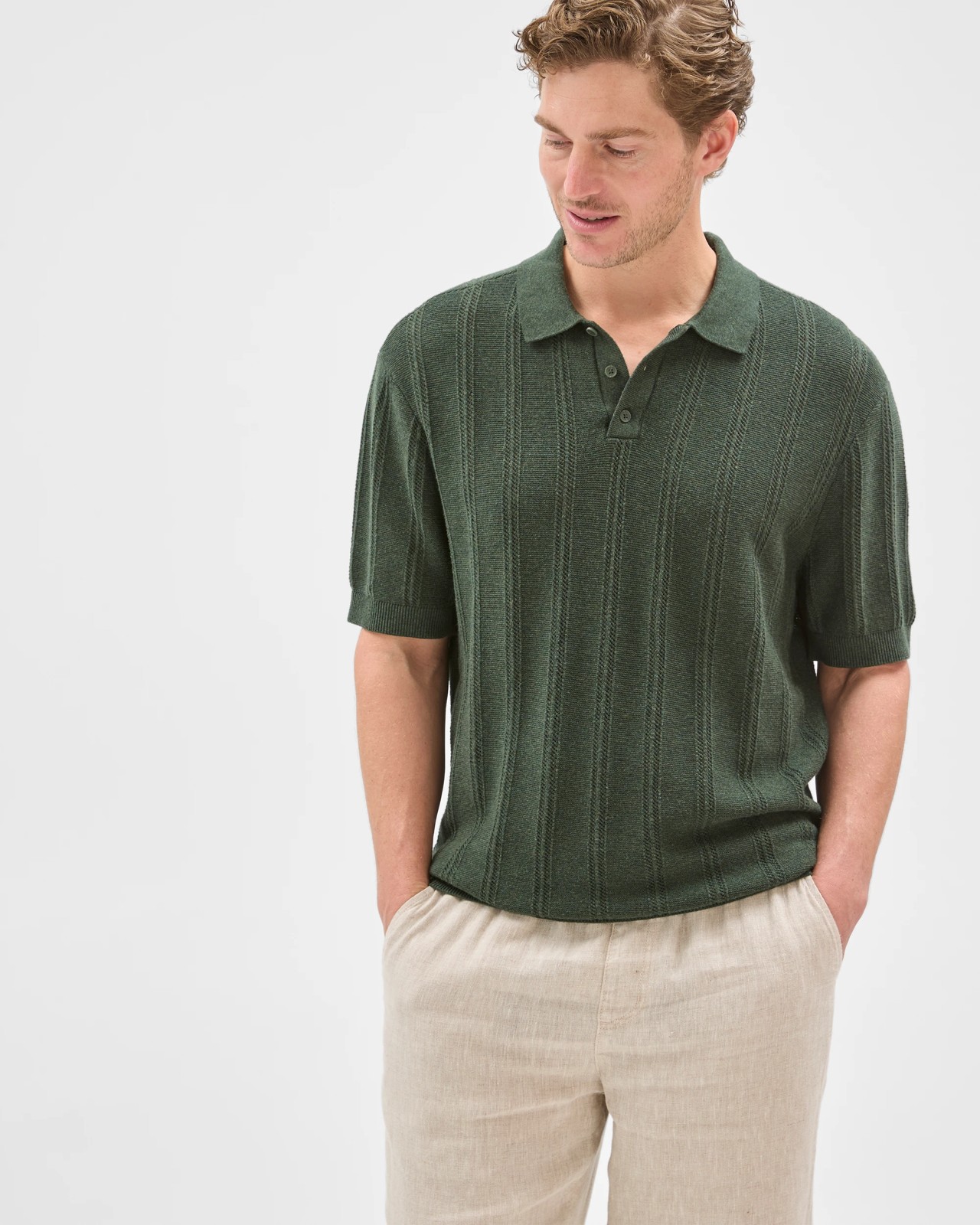 Australian Cotton Textured Stripe Knit Polo Top - Green 2 of 6