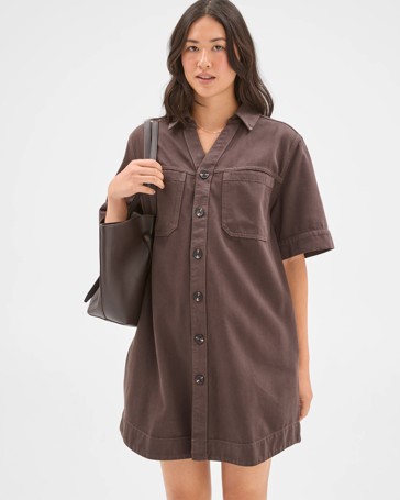 Short Sleeve V-Neck Denim Shirt Dress