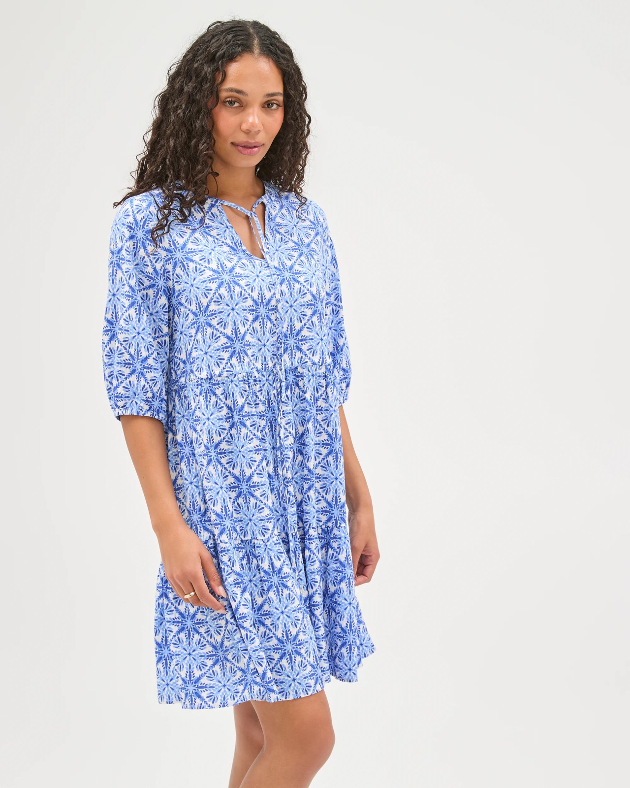 Long Blouson Sleeve Seersucker Printed Mini Dress 6 of 6