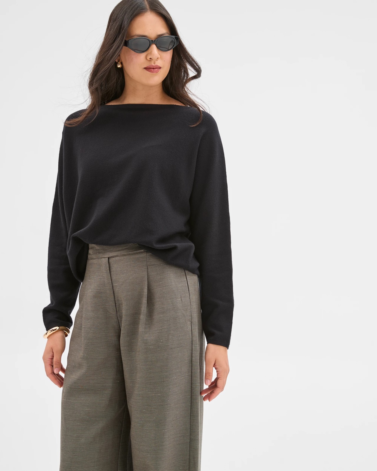 Preview Dolman Sleeve Boat Neck Knit Sweater - Black 2 of 6