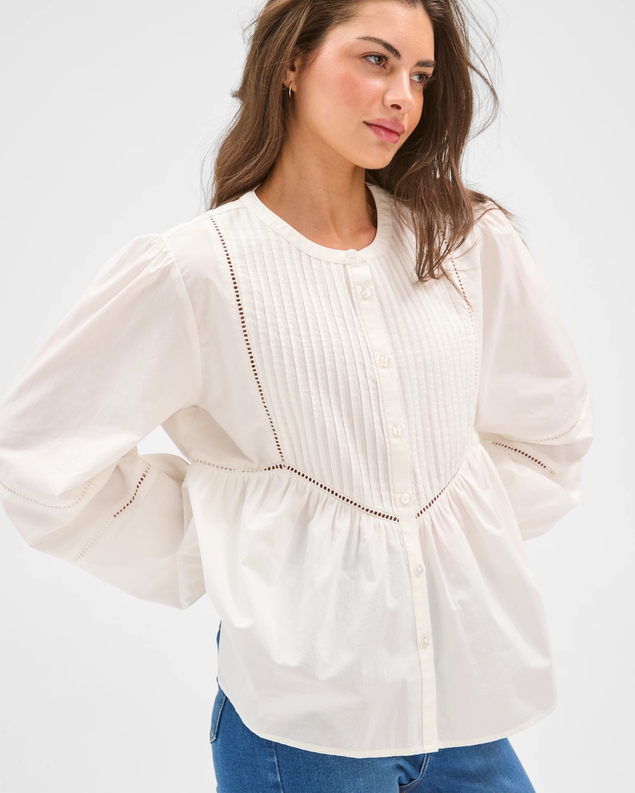 Petites Long Sleeve Trim Detail Pintuck Blouse 4 of 6
