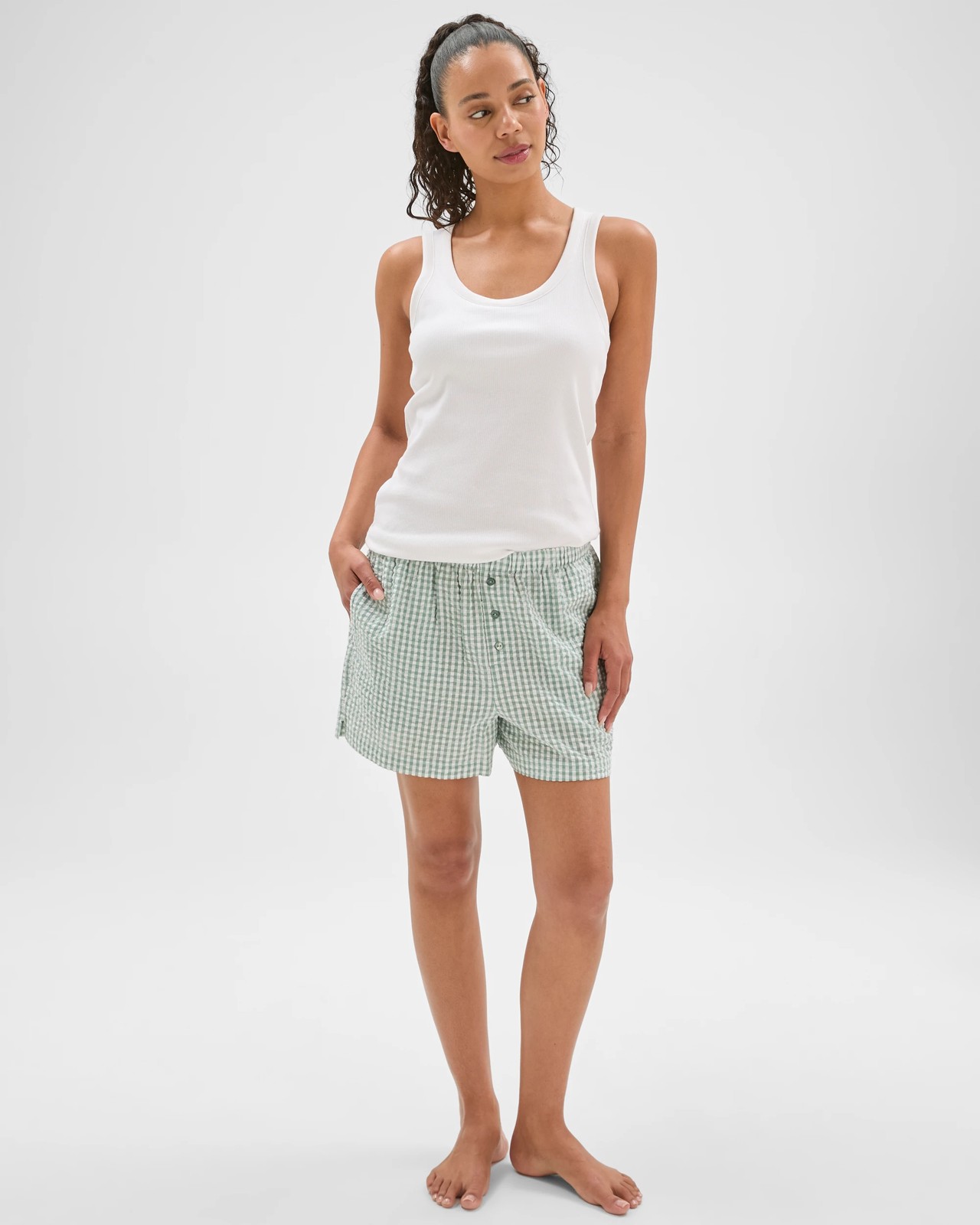 Cotton Seersucker Sleep Boxer Shorts - Green Gingham 3 of 5