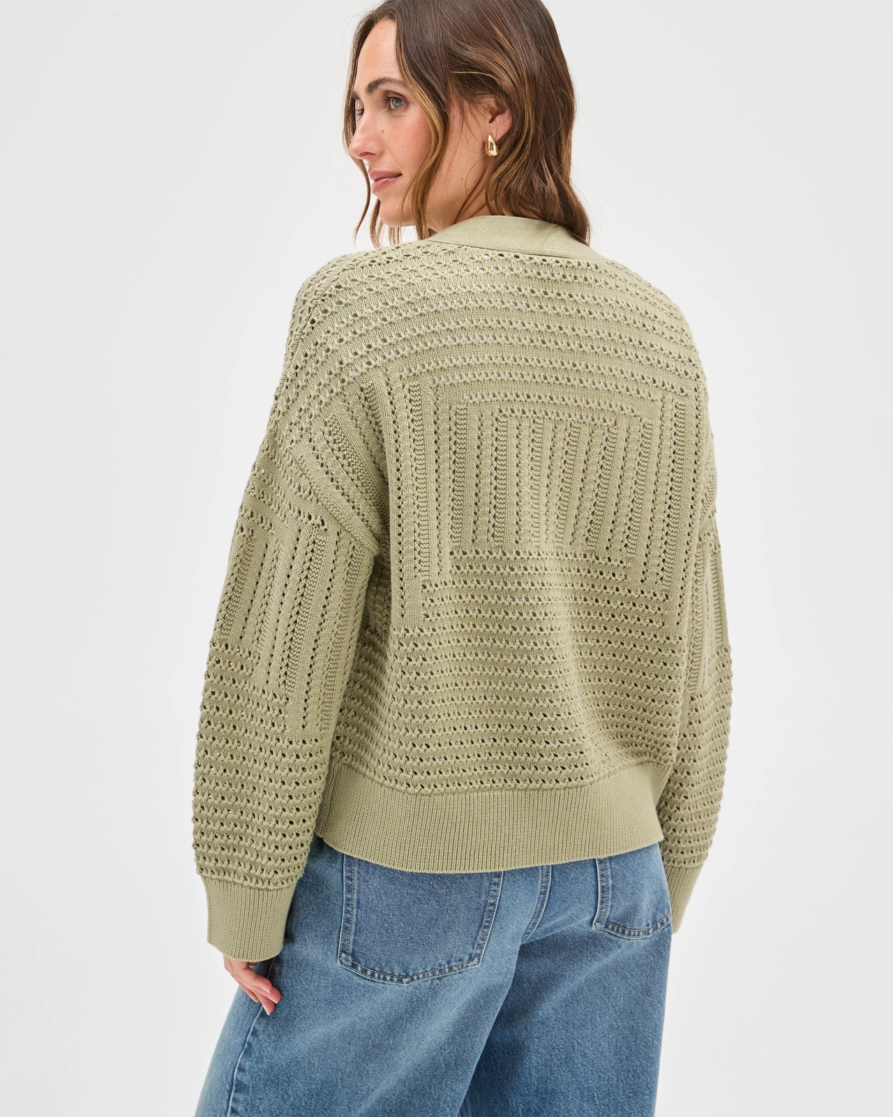Australian Cotton Crochet Knit Cardigan  - Soft Sage 5 of 5
