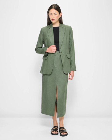 European Linen Tailored Front Split Midi Skirt - Preview