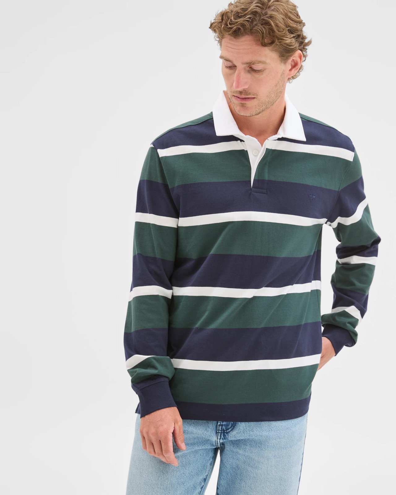 Australian Cotton Long Sleeve Rugby Polo Top - Navy Green Stripe 4 of 6