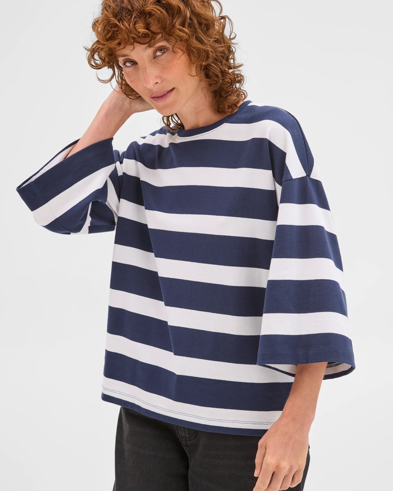 Australian Cotton 3/4 Length Wide Sleeve Boxy T-Shirt -  Navy + White 5 of 5