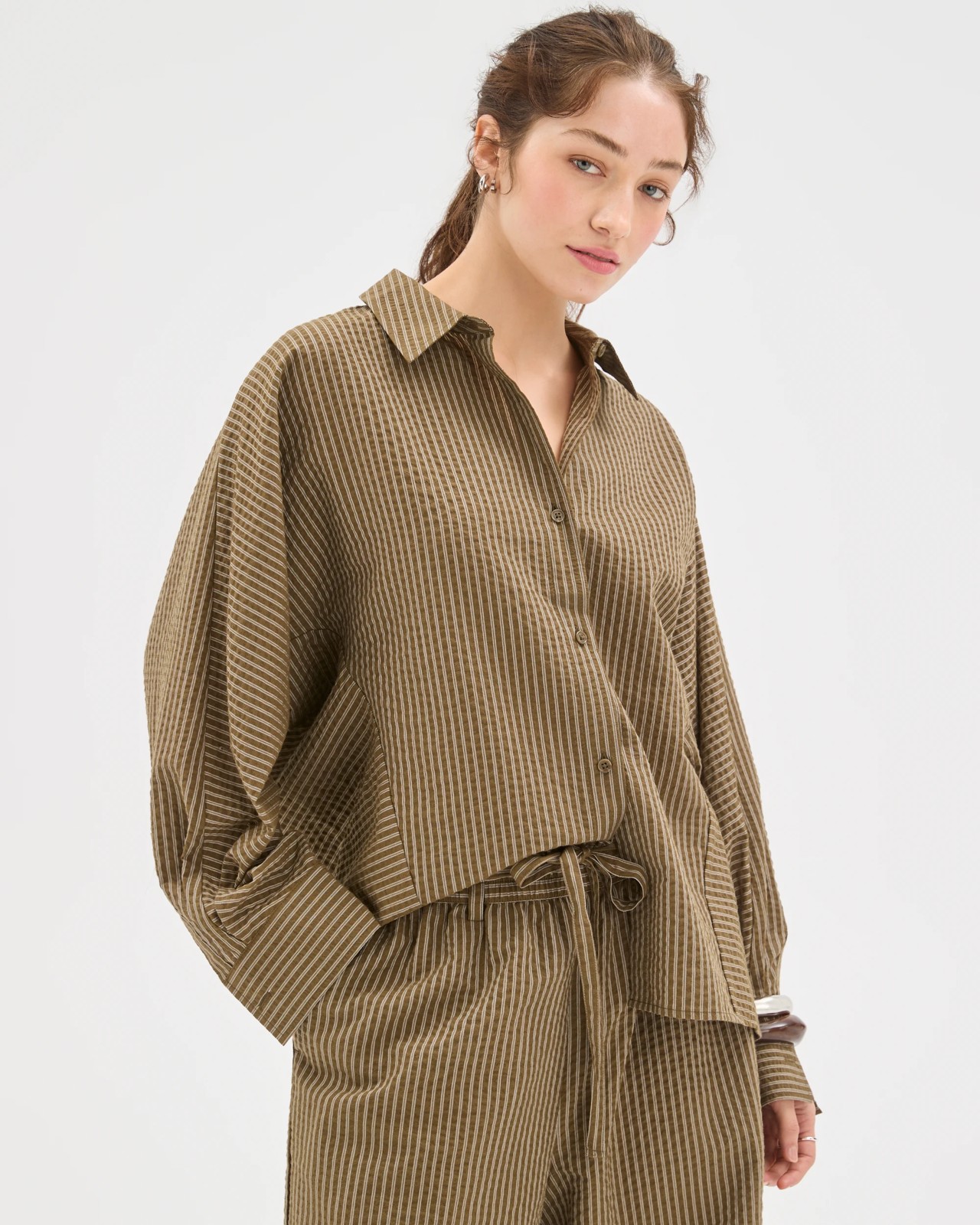 Lily Loves Australian Cotton Blend Oversized Shirt - Deep Moss Stripe 2 of 6