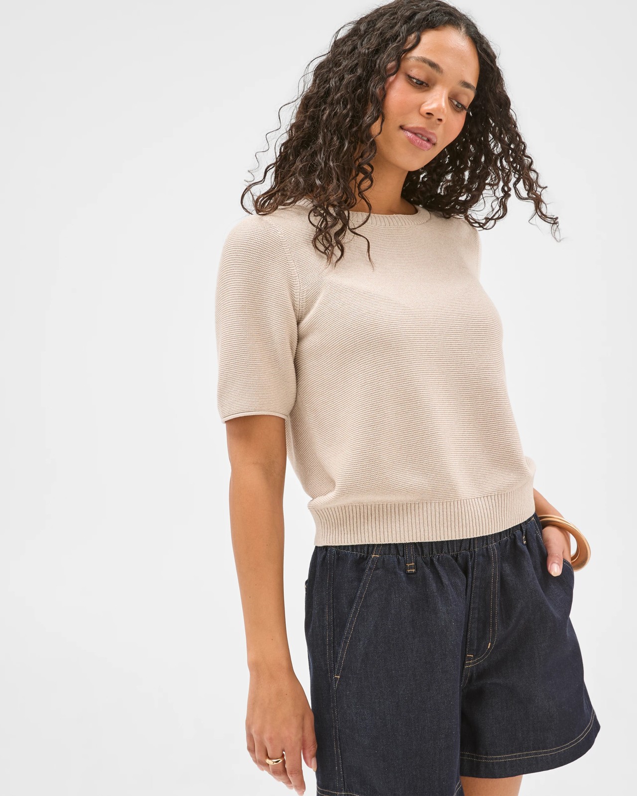 Australian Cotton Blend Relaxed Fit Ottoman Stitch Knitted T-Shirt - Pebble 4 of 6