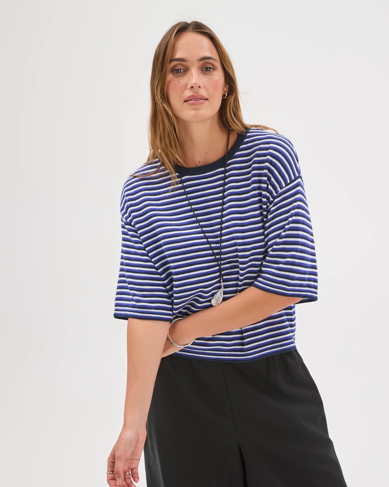 Australian Cotton Blend Drop Shoulder Boxy Knit T-Shirt - Multi Stripe 4 of 6