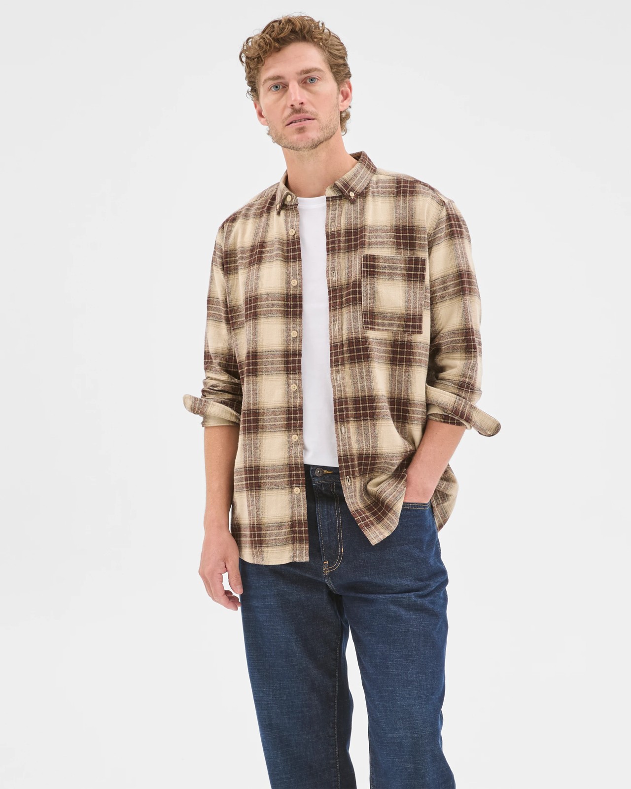 Long Sleeve Brushed Check Shirt - Ecru 2 of 5