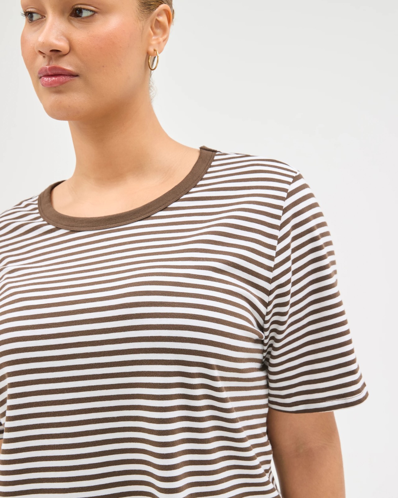 Plus Size Australian Cotton Crew Neck T-Shirt - Chocolate/White Stripe 3 of 6