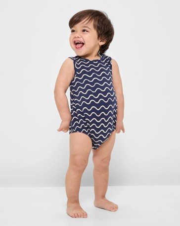 Baby Organic Cotton Print Bubble Bodysuit - Navy Waves