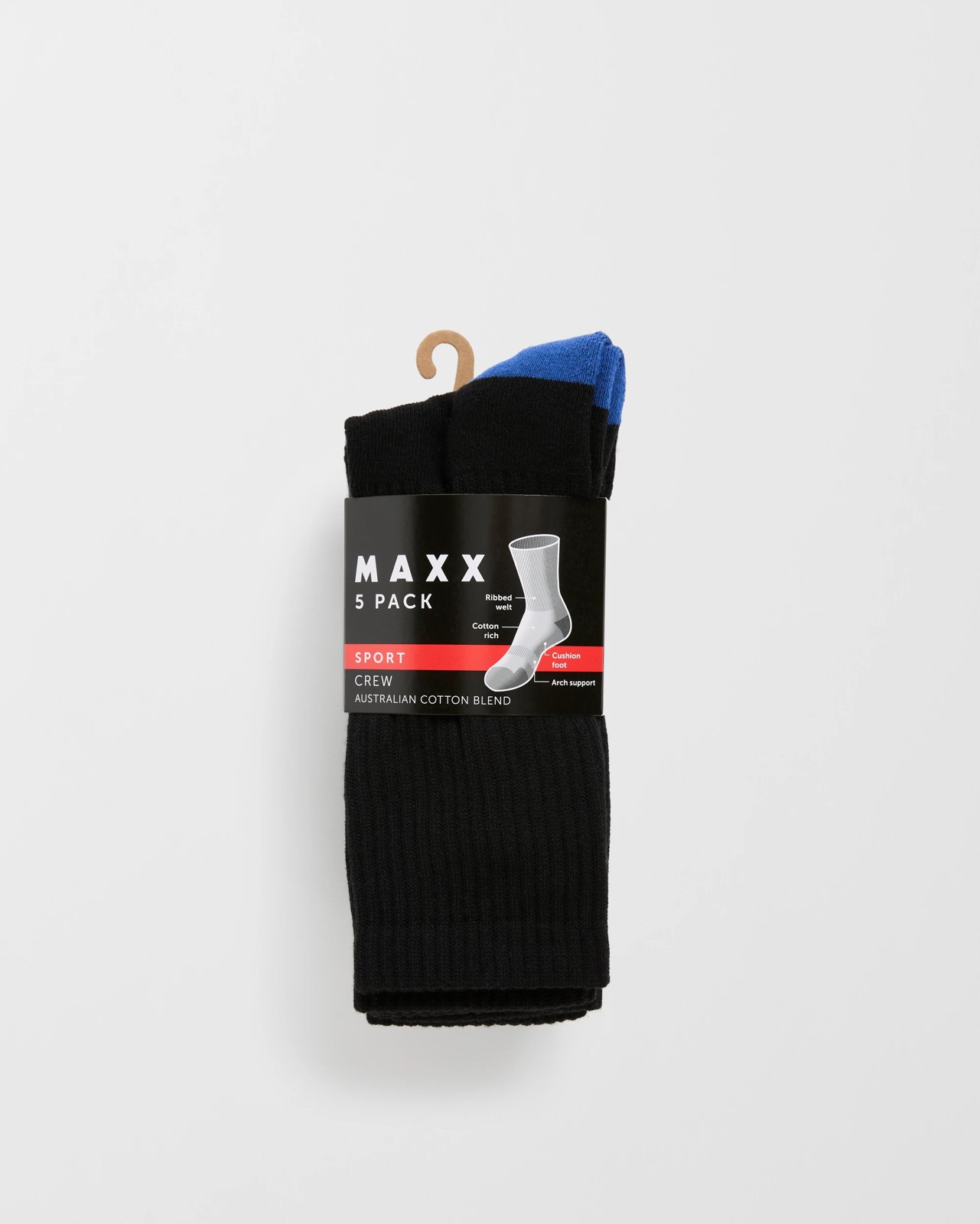 Maxx Australian Cotton Blend 5 Pack Sport Crew Socks - Black Colour Blocking 3 of 3