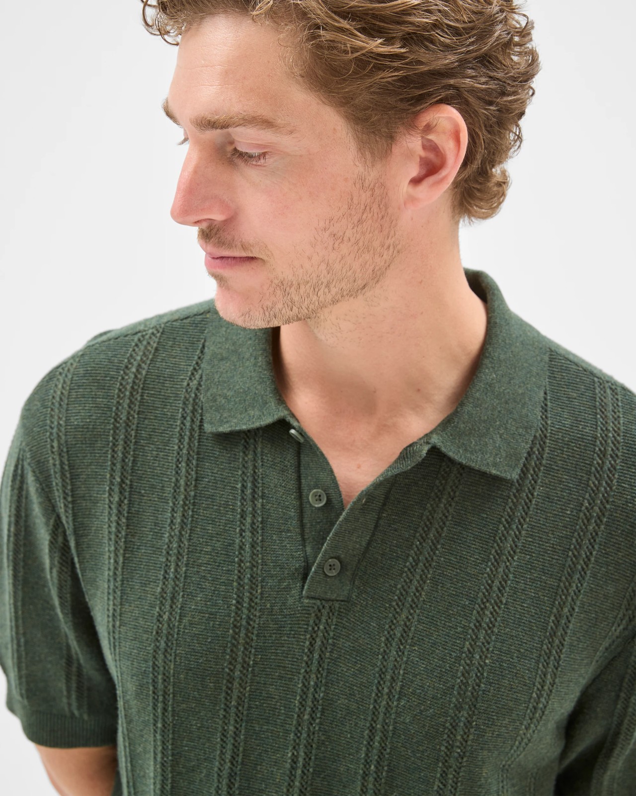 Australian Cotton Textured Stripe Knit Polo Top - Green 6 of 6
