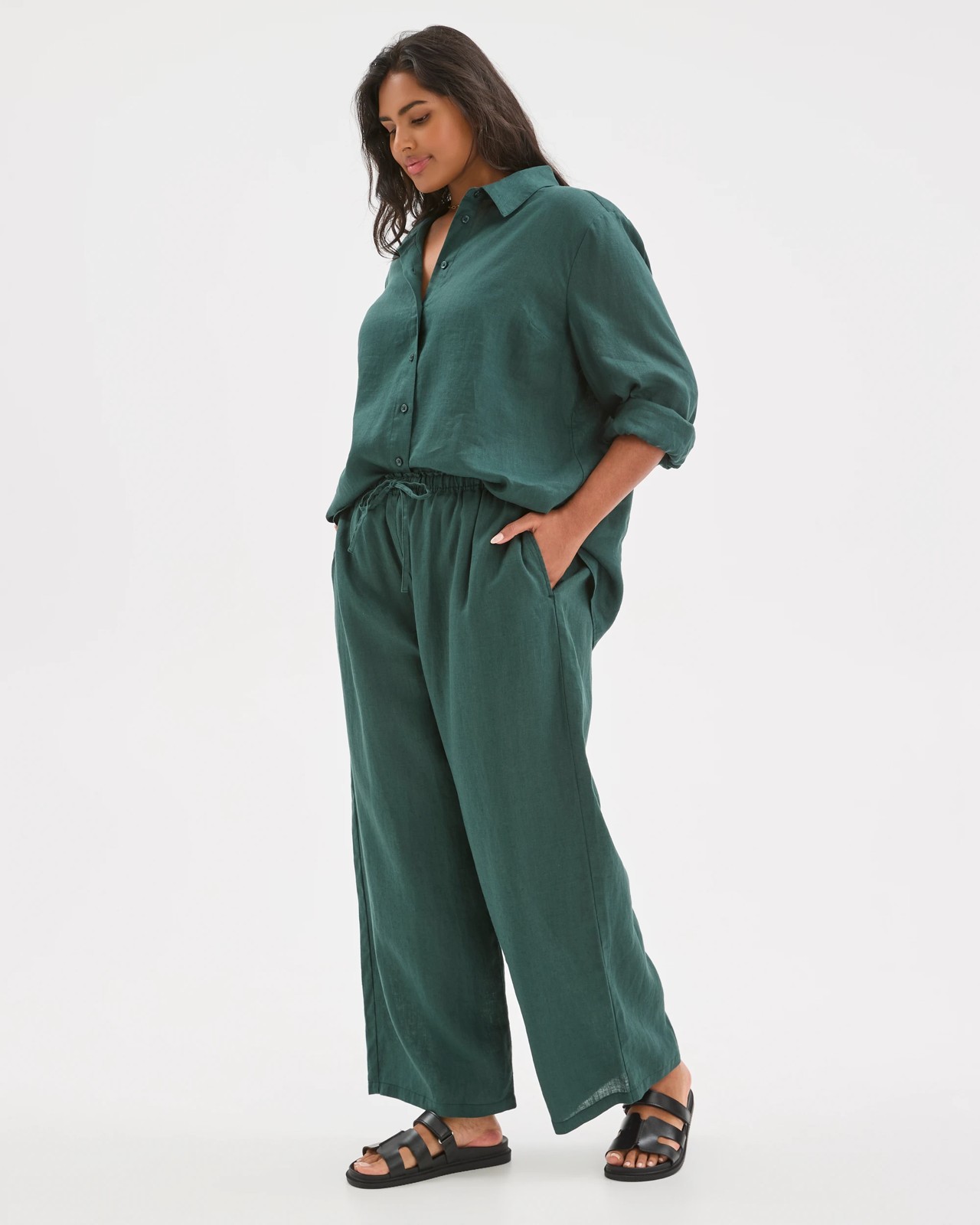 Plus Size European Linen Wide Leg Pants - Deep Green FNA 4 of 5