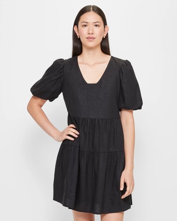 Linen Blend Blouson Sleeve Mini Dress - Preview