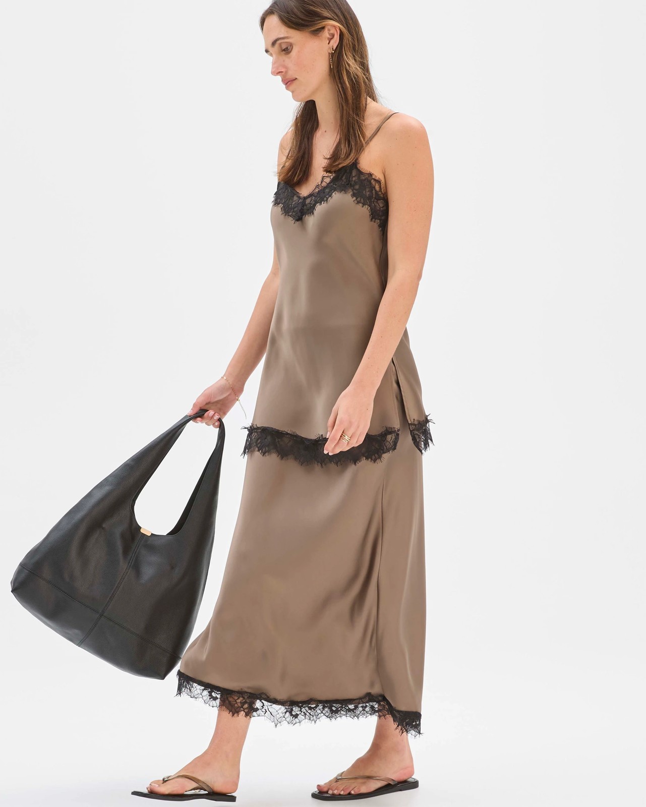 Preview Lace Trim Satin Midi Skirt 2 of 5