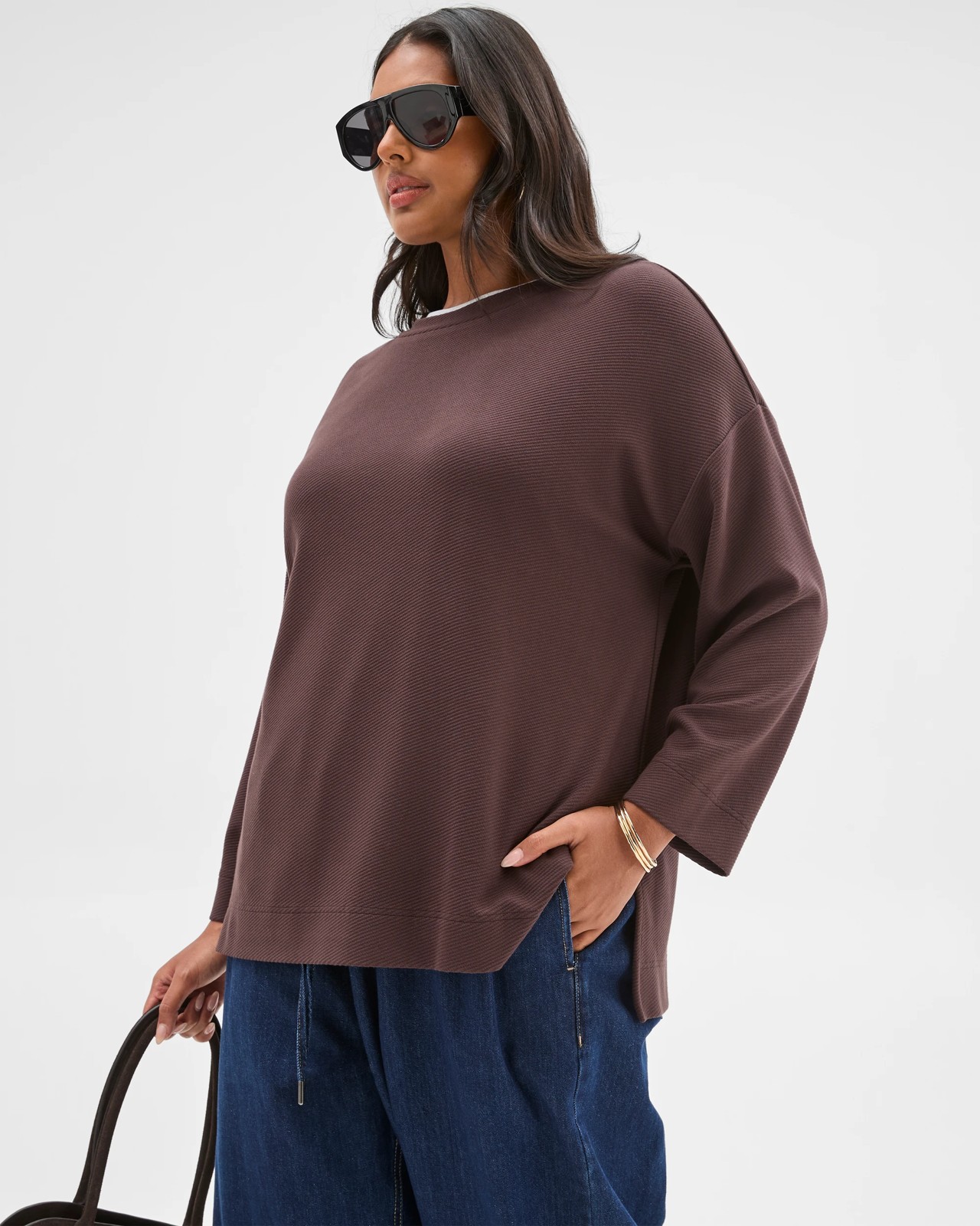 Plus Size Long Sleeve Ottoman Top - Brunette 2 of 5