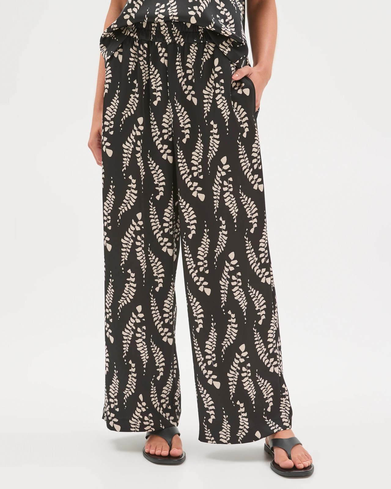 Petites Wide Leg Satin Pants - Black Leaf Print 3 of 6