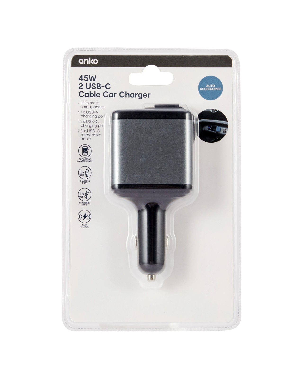 45W Dual USB-C Cable Car Charger - Anko 5 of 5