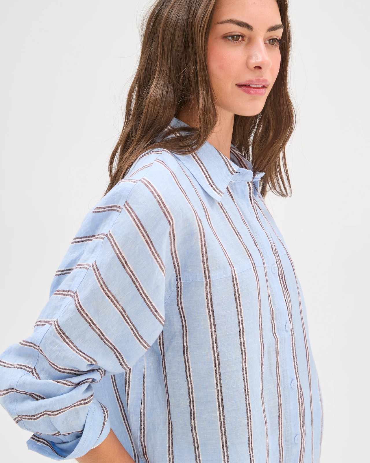 Petites European Linen Seamed Shirt - Blue / Stripe 3 of 5