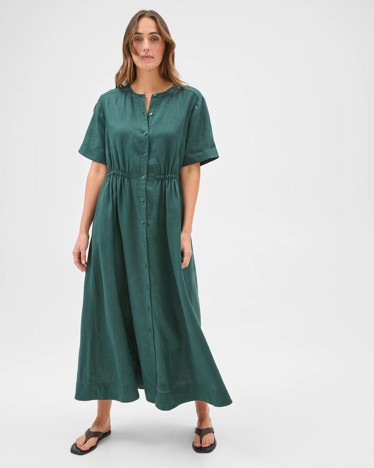 European Linen Short Sleeve Midi Femme Dress - Deep Forest 5 of 5