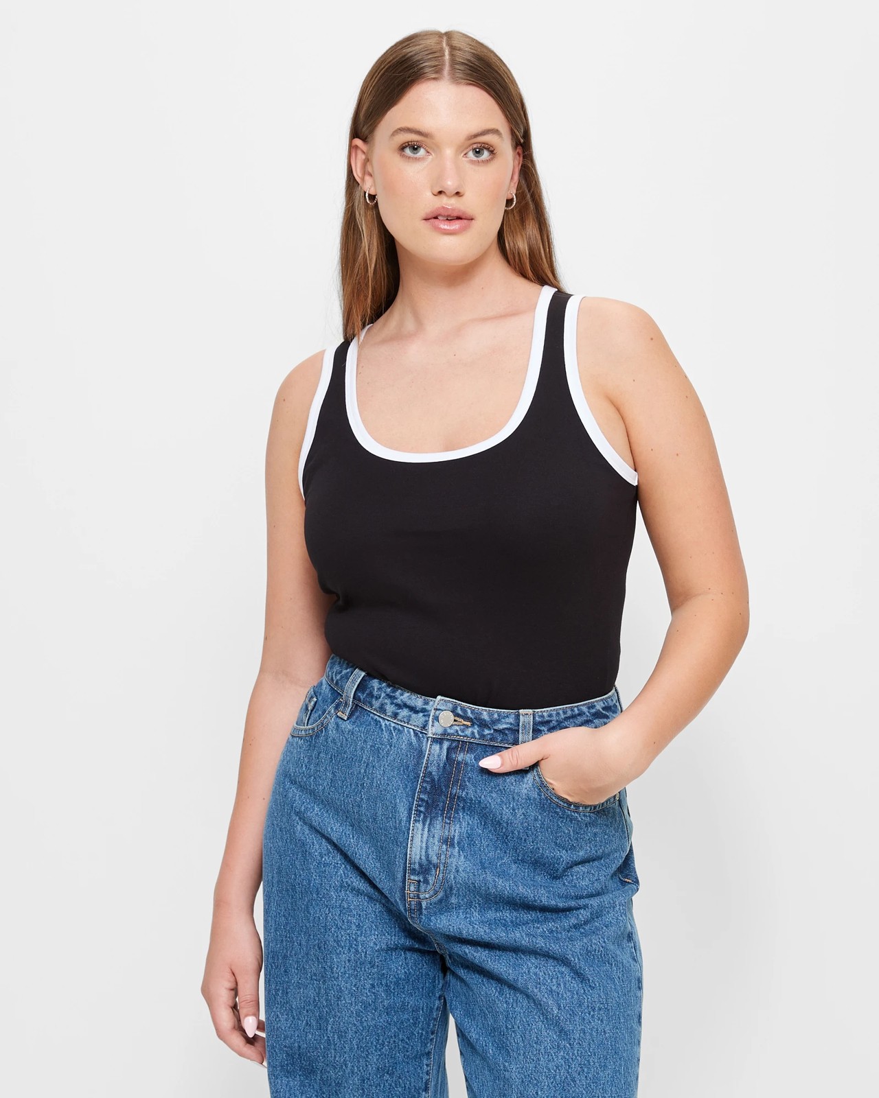 Scoop Neck Tank Top - Lily Loves - Black/White Contrast Bind