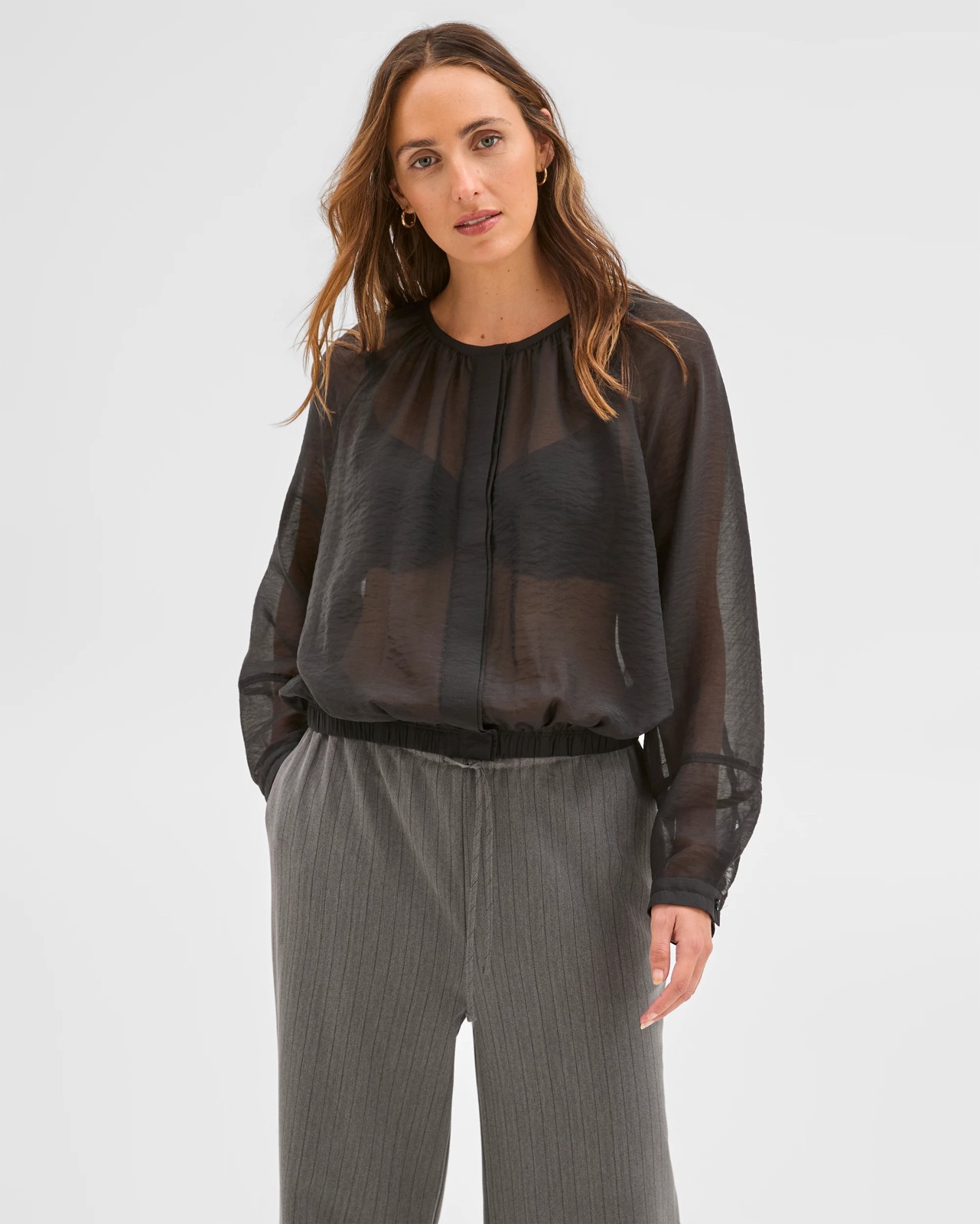 Preview Long Raglan Sleeve Gathered Blouse - Black 2 of 6