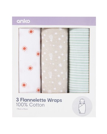 Anko 3 Pack Cotton Flannelette Wraps- Stars