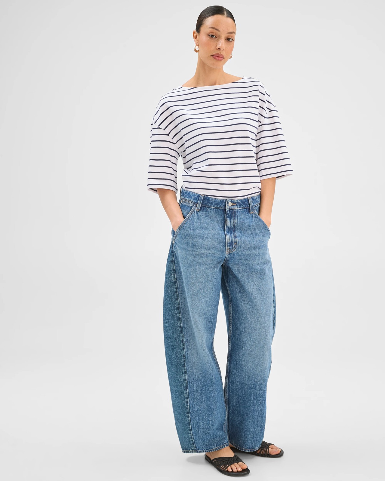 Barrel Leg Full Length Denim Jeans - Mid Worn Indigo 4 of 5
