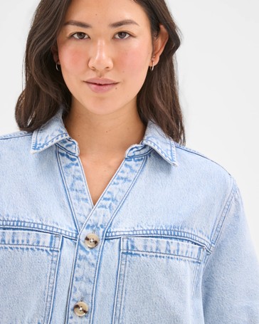 Short Sleeve V-Neck Denim Shirt Dress