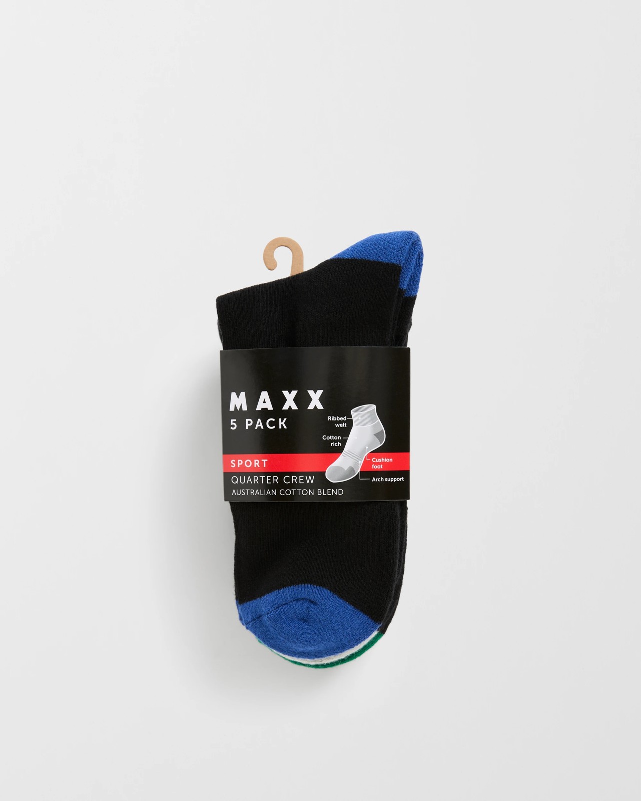 Maxx Australian Cotton Blend 5 Pack Quarter Crew Socks - Black Colour Blocking 3 of 3