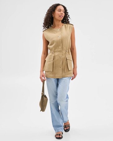 European Linen Ruched Waist Long Waistcoat