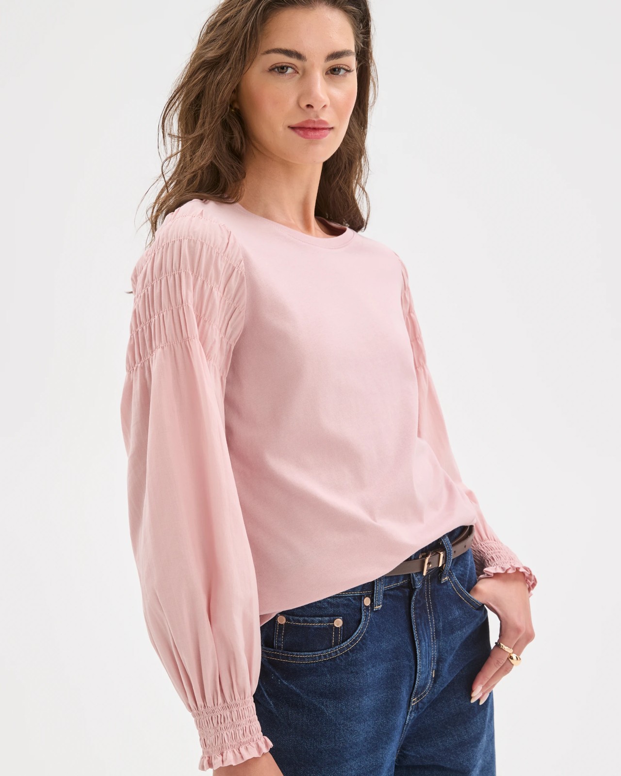 Petites Australian Cotton Long Sleeve Smocked Knit/Woven Top 4 of 5